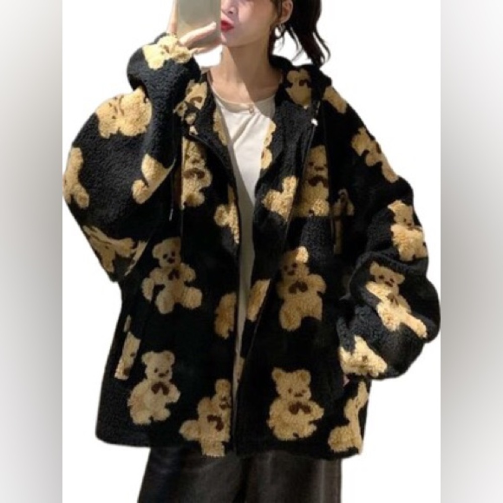 Streetwear Society Jacket Mens Small Black Fleece Teddy Bear Full Zip